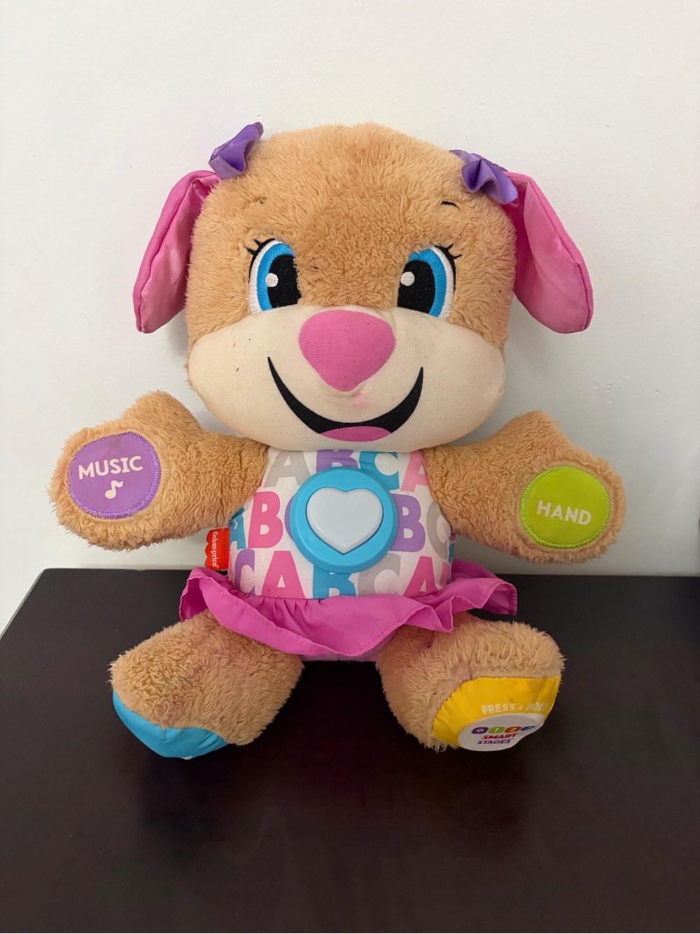 Fisher-Price Brown Plush Puppy with Pink Accents and Blue Heart Button
